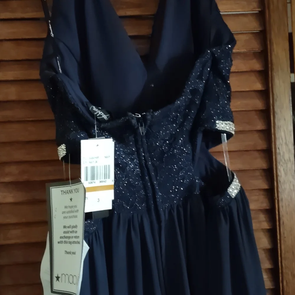 Navy Blue Long Halter top Evening gown, Sequin - Picture 4 of 10